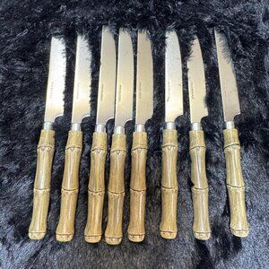 Set Of 8 Stainless Steel   Knives With Faux Bamboo Handles